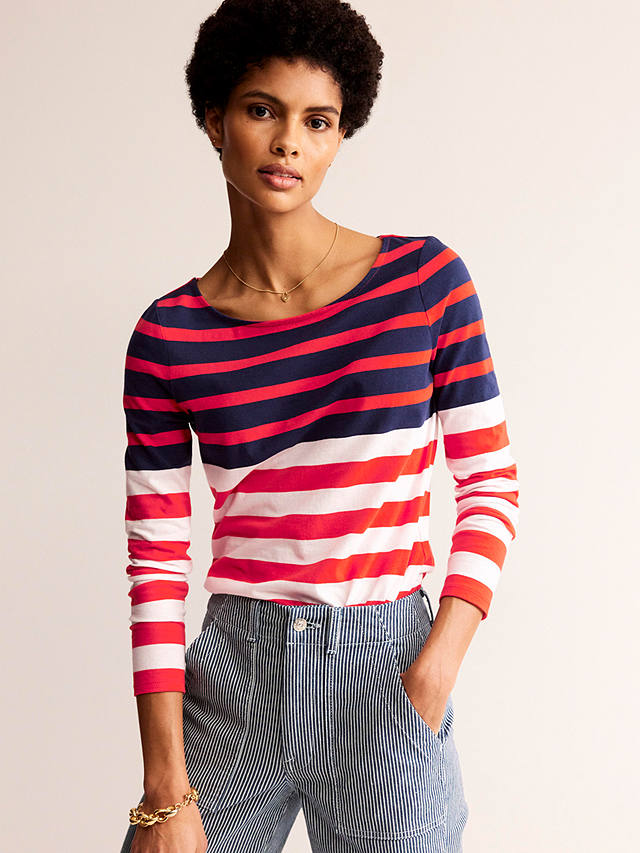 Boden Ella Long Sleeve Breton Stripe Top, Ivory/Navy/Red