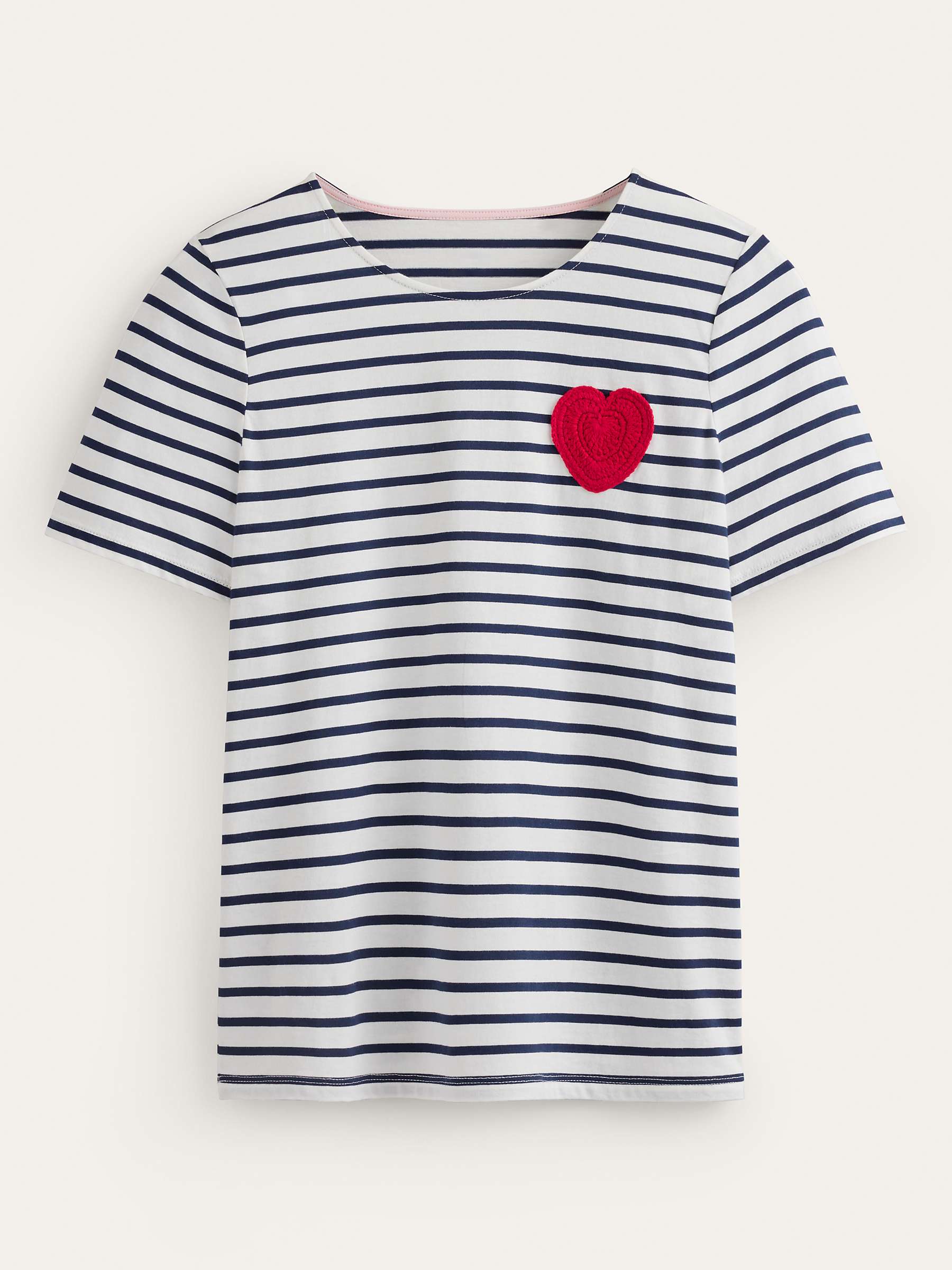Boden Crochet Heart Stripe T-Shirt, Ivory/Navy at John Lewis & Partners