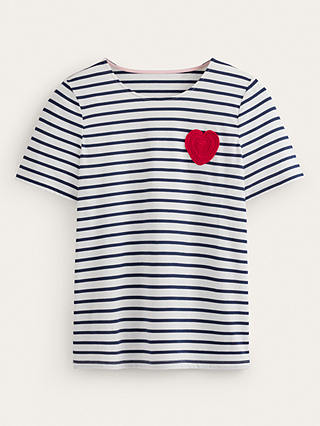 Boden Crochet Heart Stripe T-Shirt, Ivory/Navy