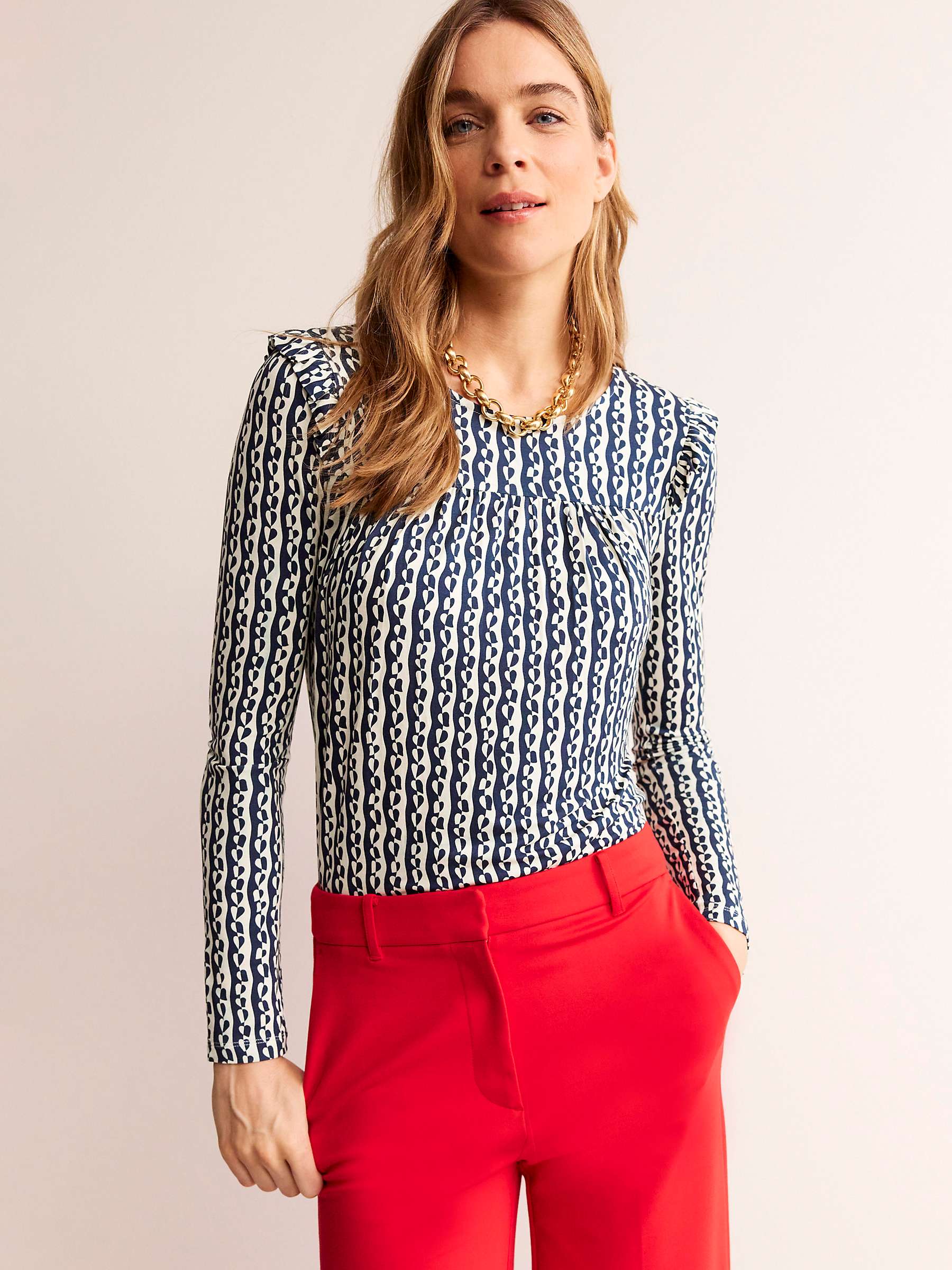 Buy Boden Abstract Print Frill Detail Top, Navy/Multi Online at johnlewis.com
