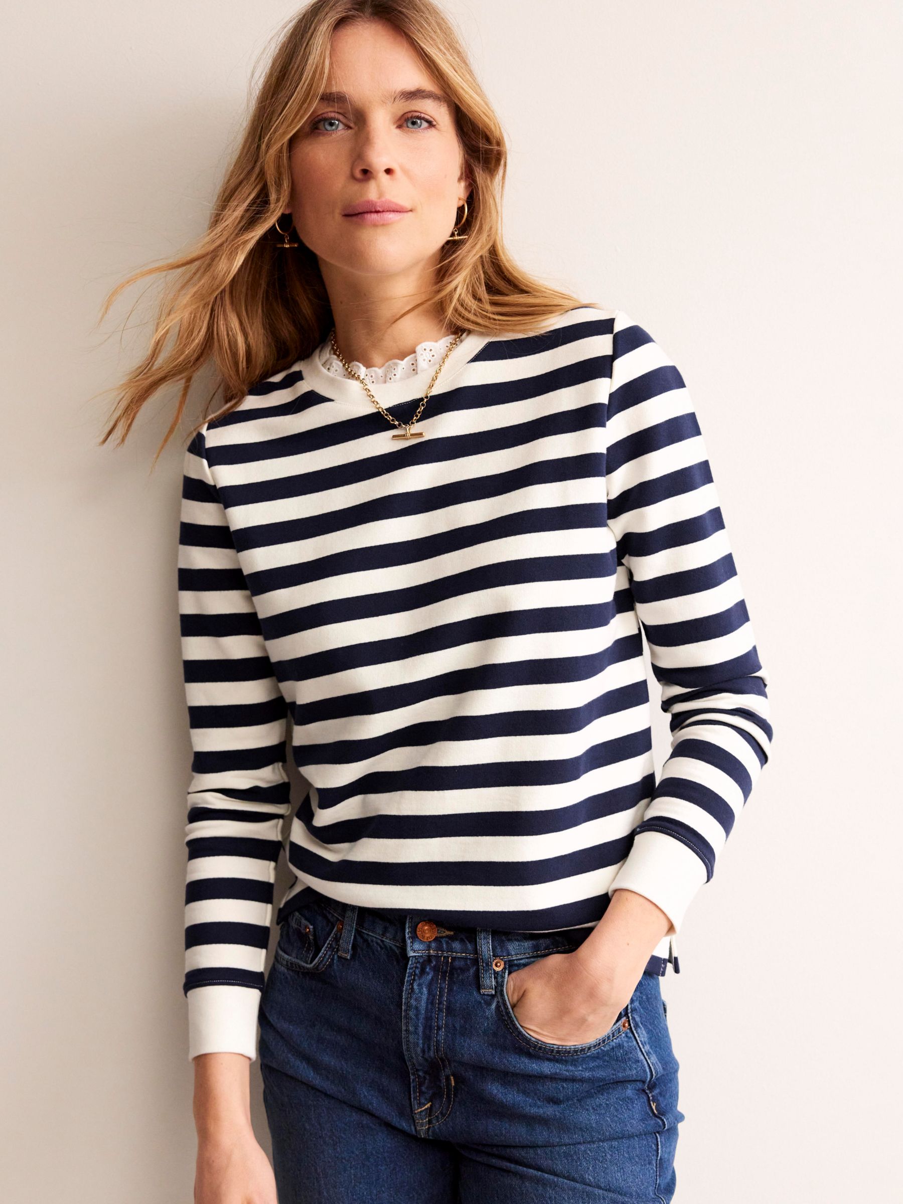 Boden Broderie Trim Striped Cotton Top, Ivory/Navy at John Lewis & Partners