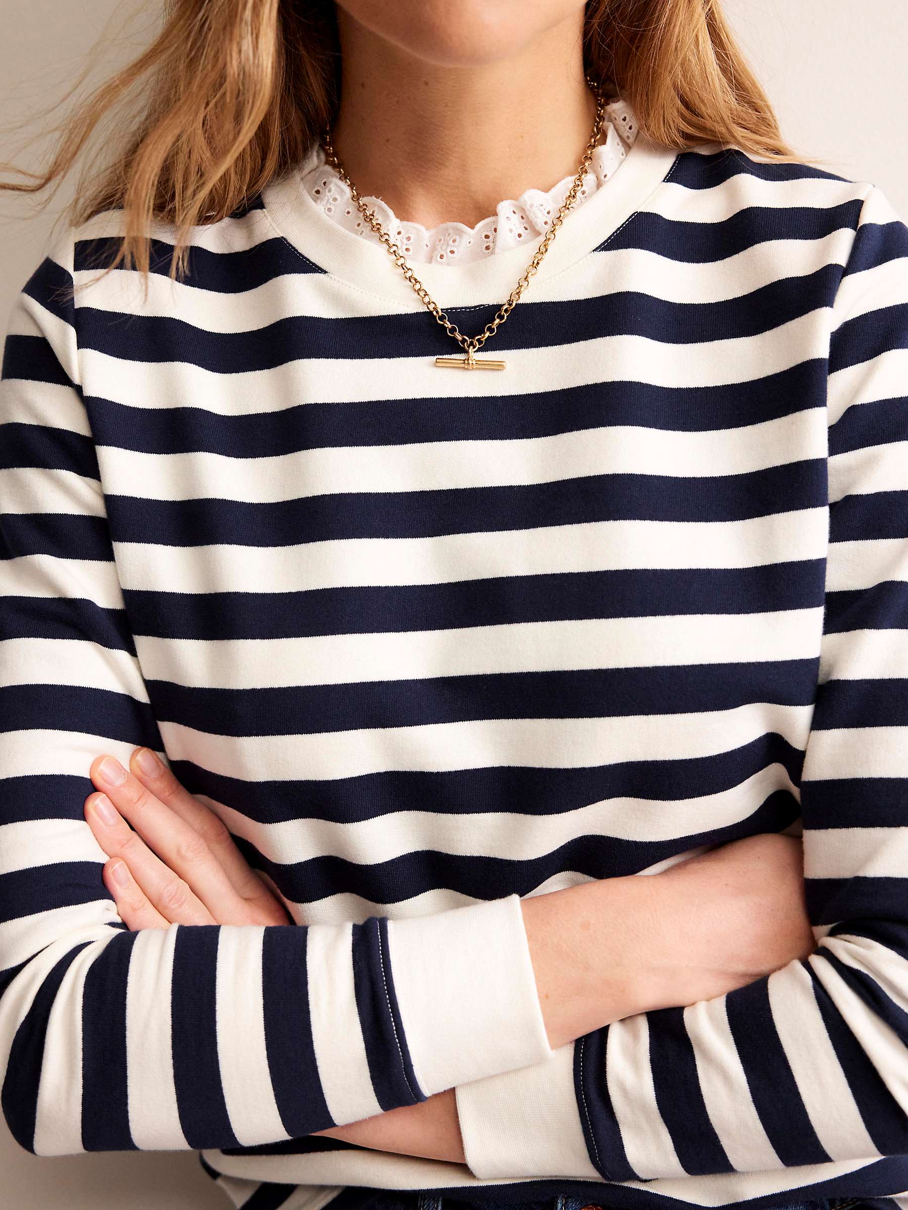 Buy Boden Broderie Trim Striped Cotton Top, Ivory/Navy Online at johnlewis.com