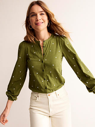 Boden Marina Embroidered Cotton Blouse, Mayfly