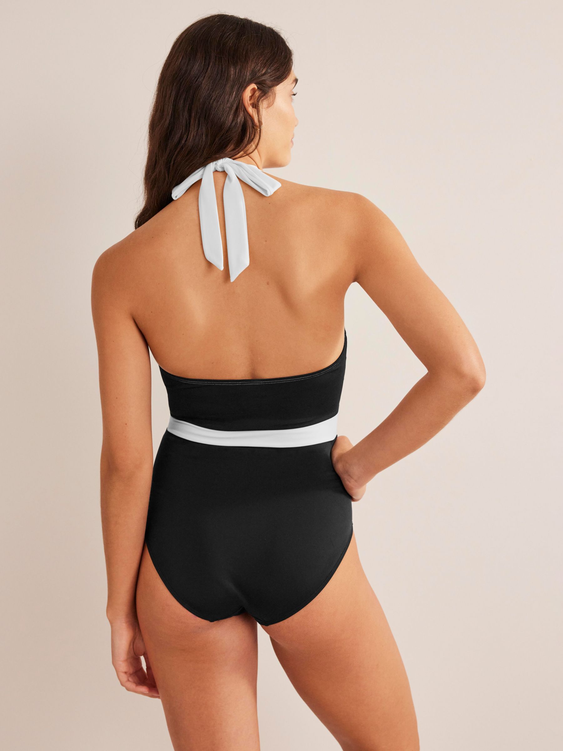 Boden Kefalonia Colour Block Halterneck Swimsuit, Black/White, 16