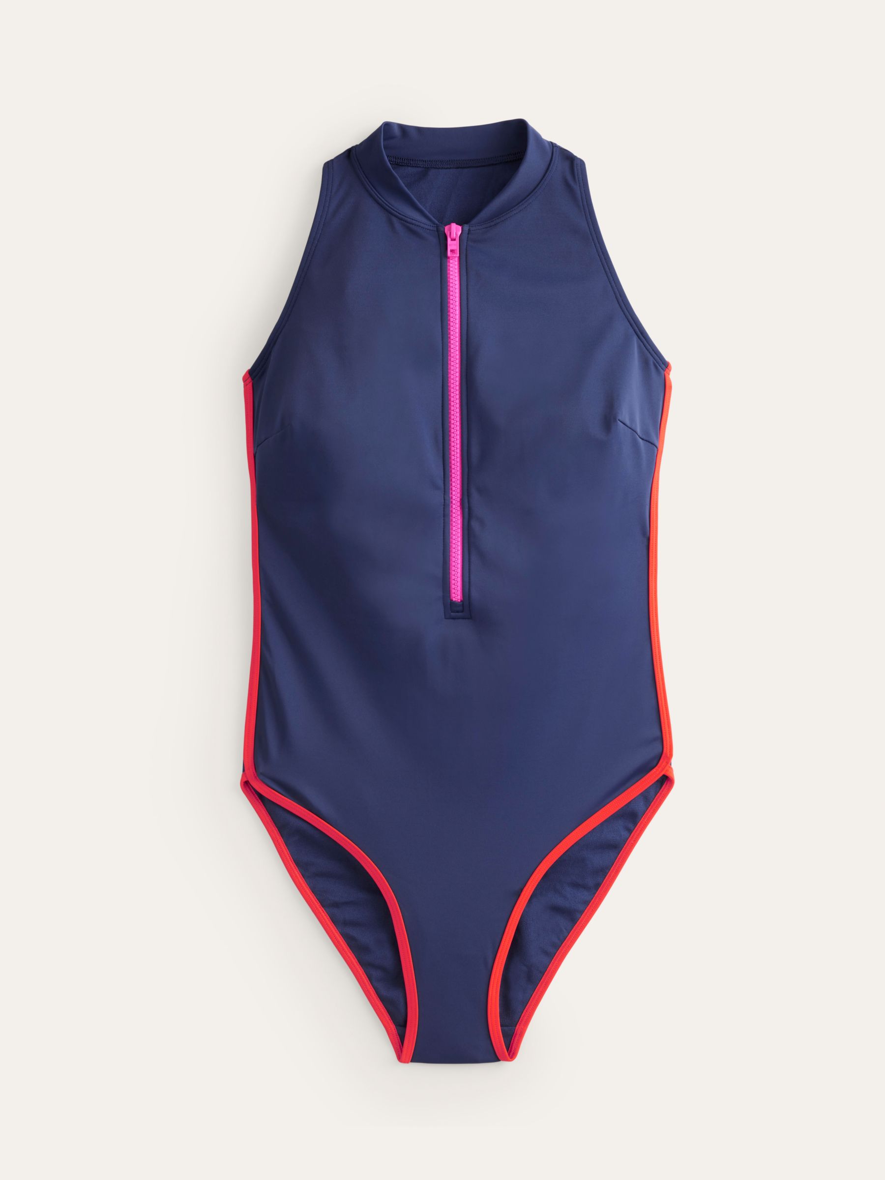 Boden Piped Sporty Swimsuit, Navy/Super Pink, 8