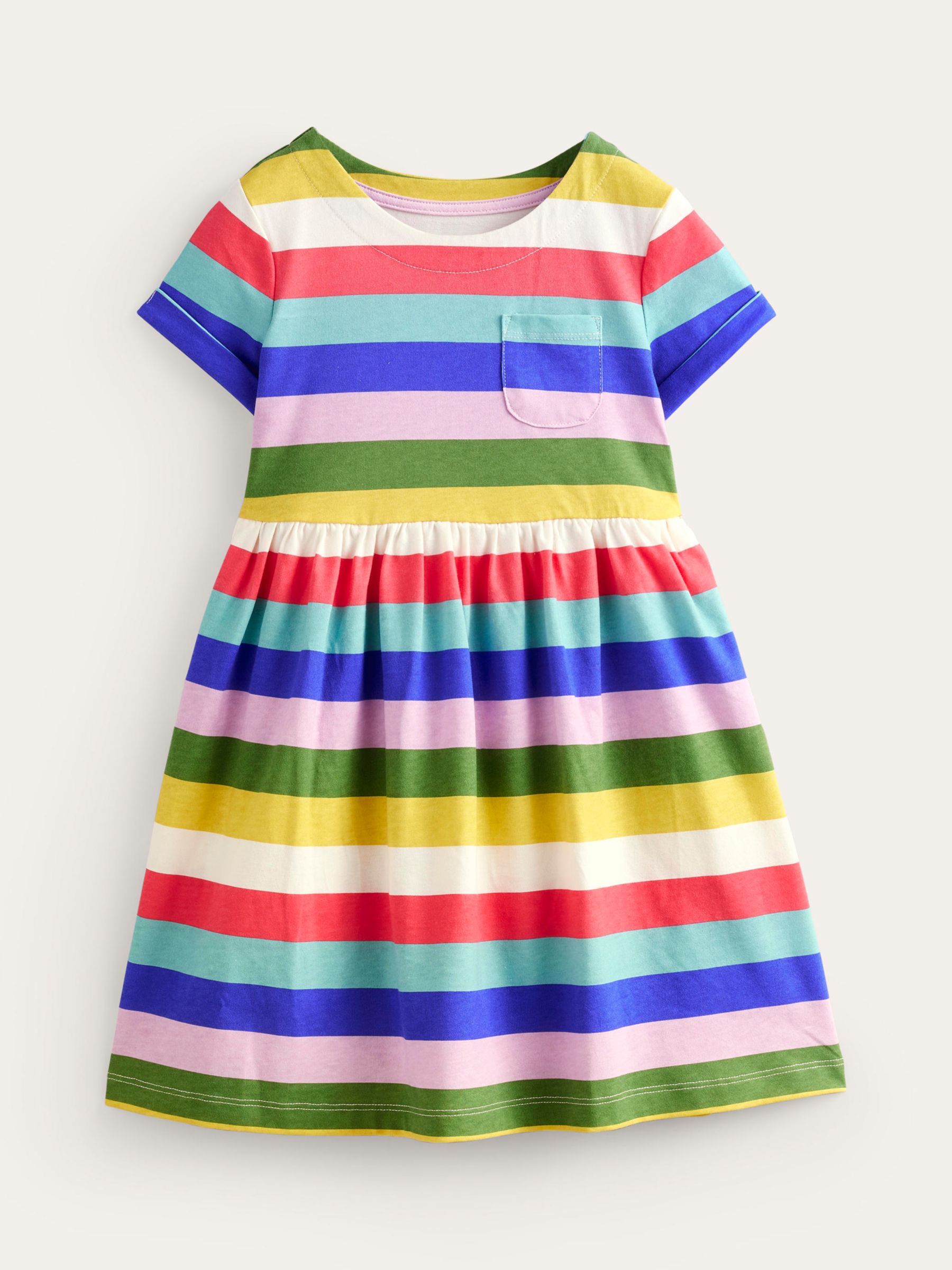 Mini Boden Kids' Short Sleeved Fun Rainbow Stripe Jersey Dress, Multi, 11-12 years