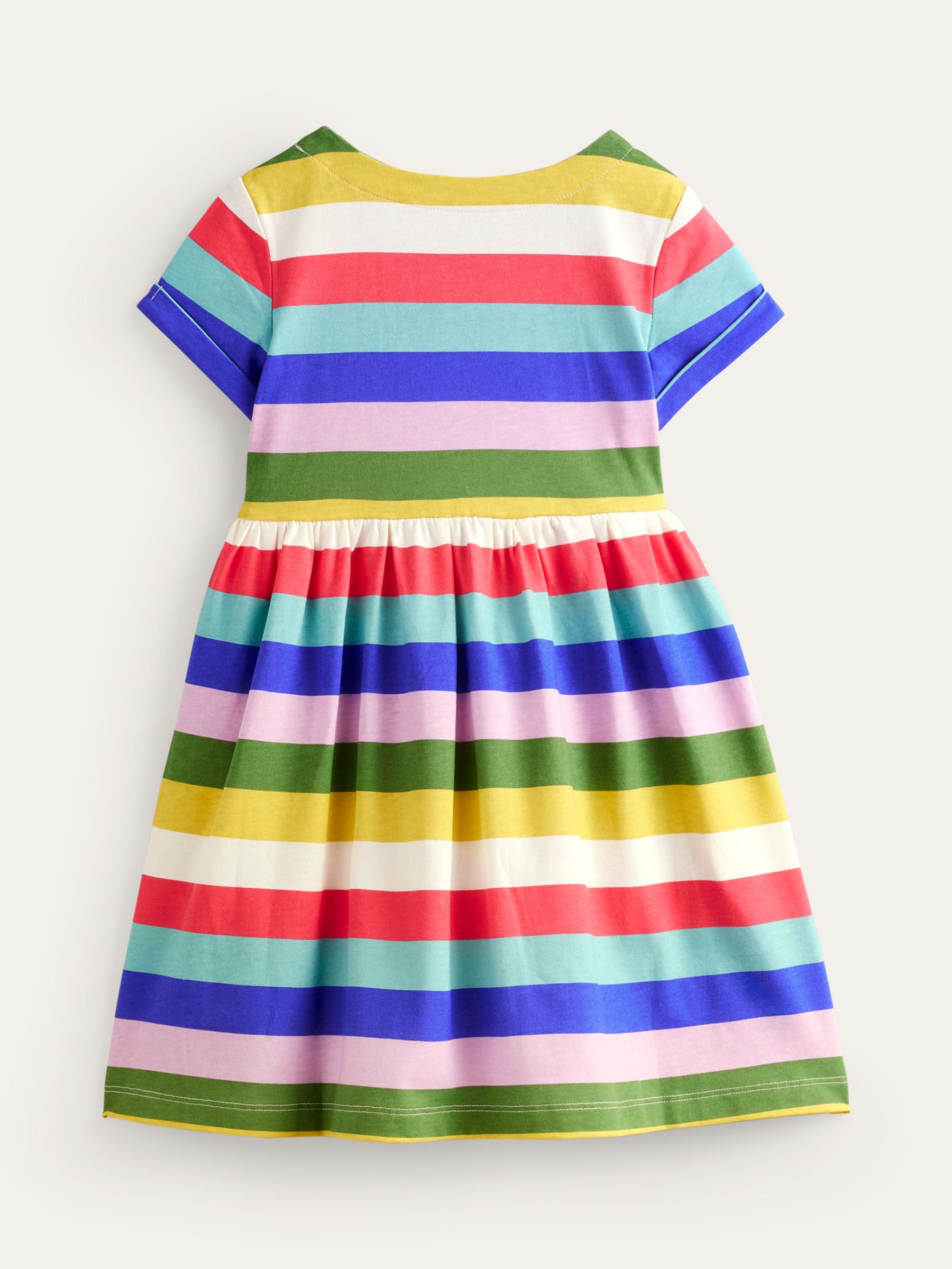 Mini Boden Kids' Short Sleeved Fun Rainbow Stripe Jersey Dress, Multi, 11-12 years