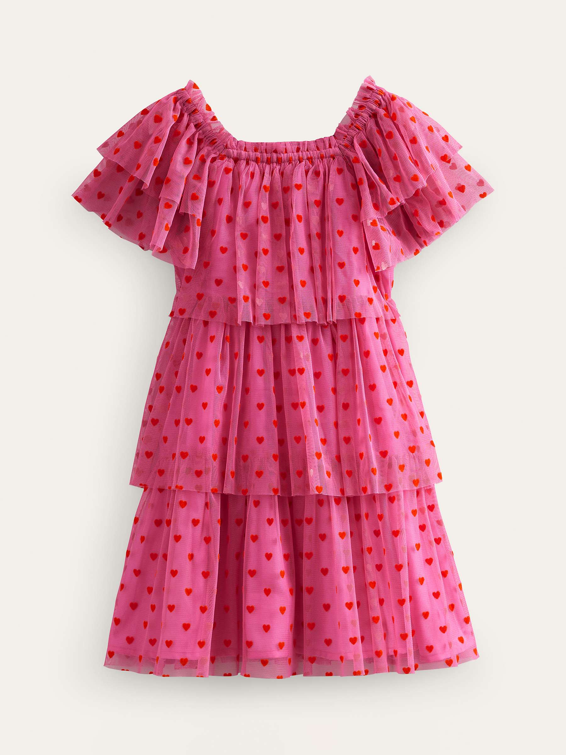 Buy Mini Boden Kids' Heart Print Tiered Tulle Dress, Pink Online at johnlewis.com