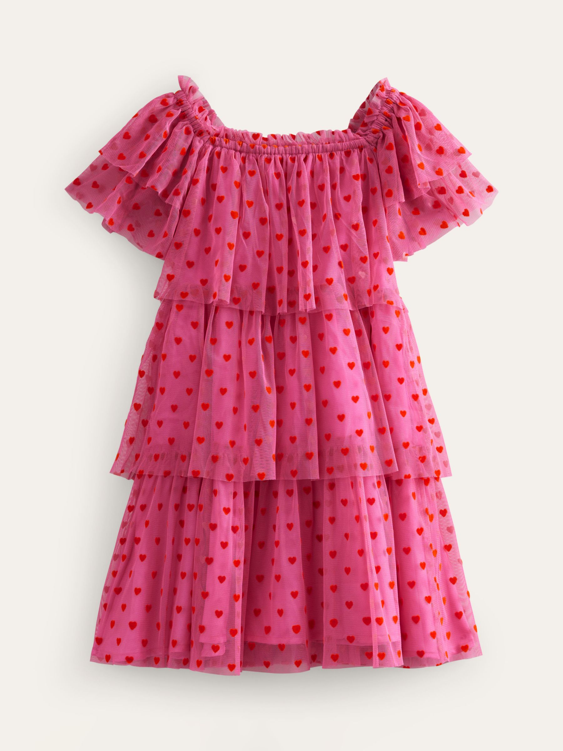 Mini Boden Kids' Heart Print Tiered Tulle Dress, Pink, 2-3 years