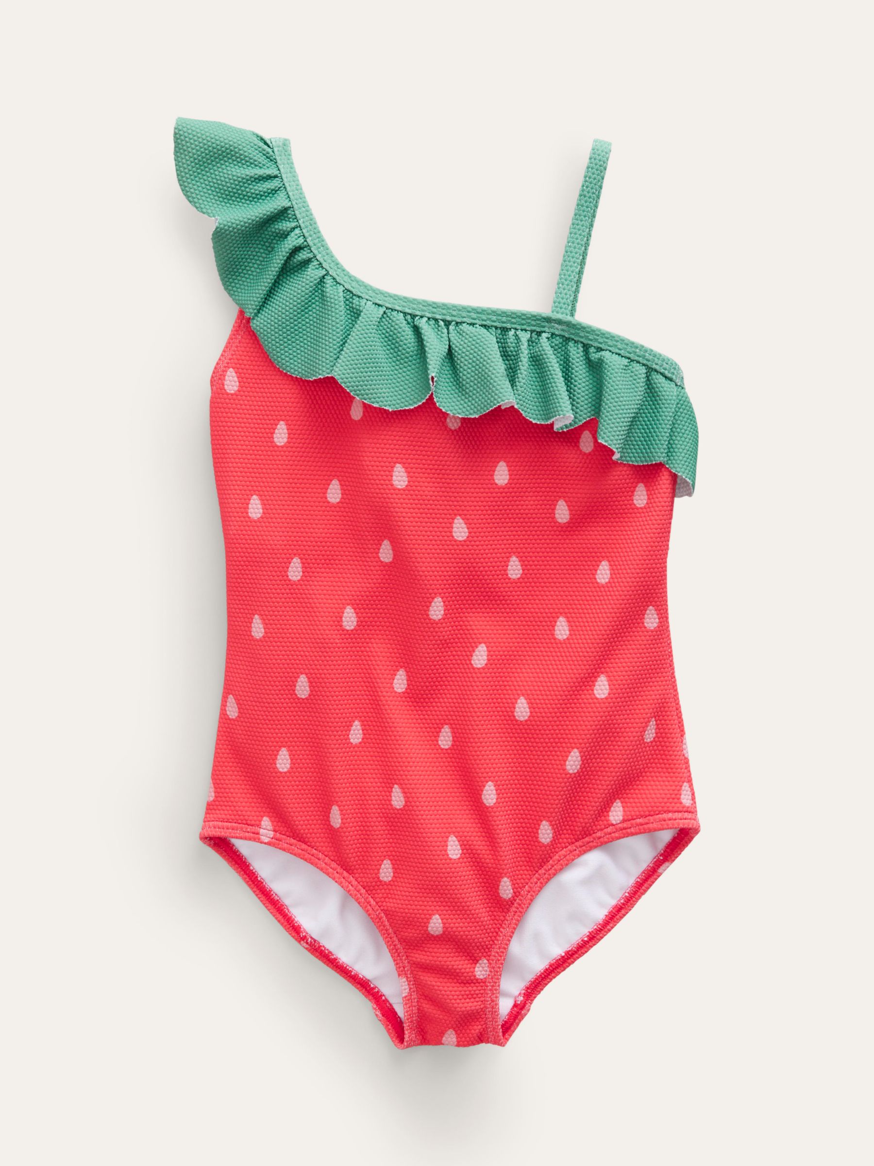 Mini Boden Kids' One Shoulder Strawberry Swimsuit, Jam Strawberry Pip, 2-3 years