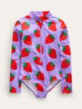 Mini Boden Kids' Strawberry Long Sleeve Swimsuit, Violet/Multi