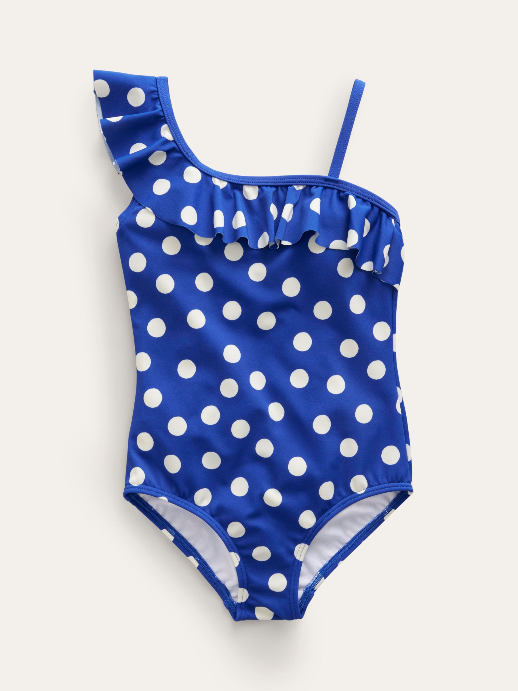 Mini Boden Kids'  One Shoulder Frill Spot Print Swimsuit, Navy/Ivory, 5-6 years