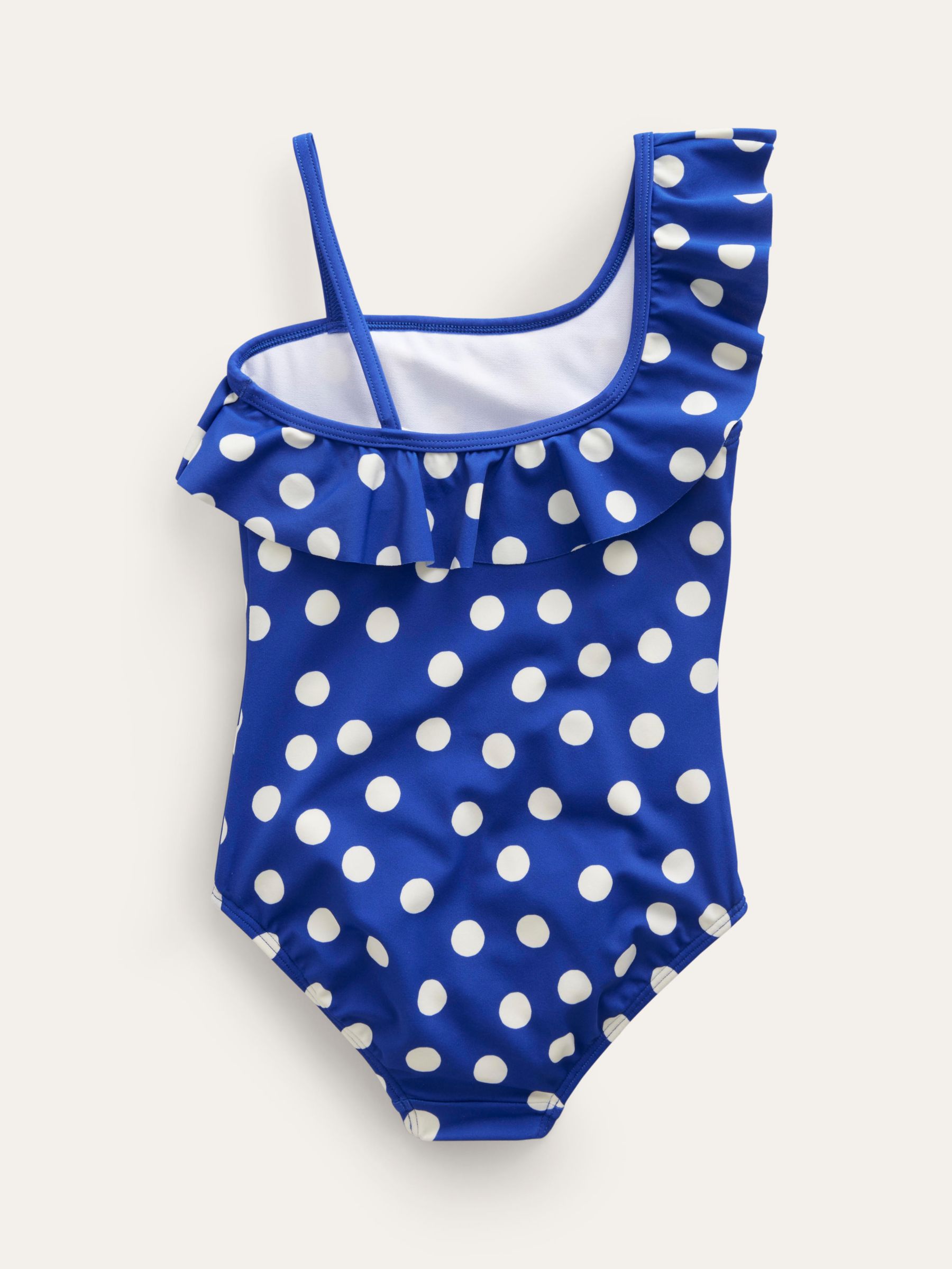 Buy Mini Boden Kids'  One Shoulder Frill Spot Print Swimsuit, Navy/Ivory Online at johnlewis.com