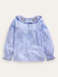 Mini Boden Kids' Floral Embroidered Collar Stripe Top, Blue/Ivory