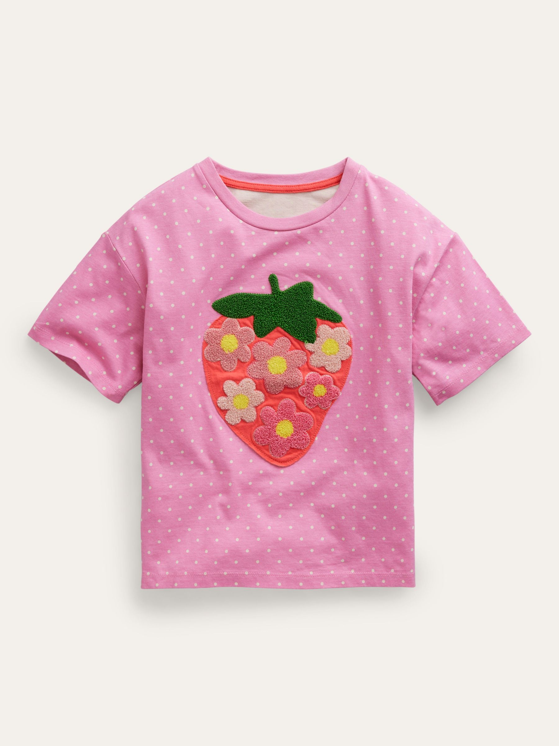 Mini Boden Kids' Strawberry Boucle Relaxed T-Shirt, Pink Strawberry, 2-3 years