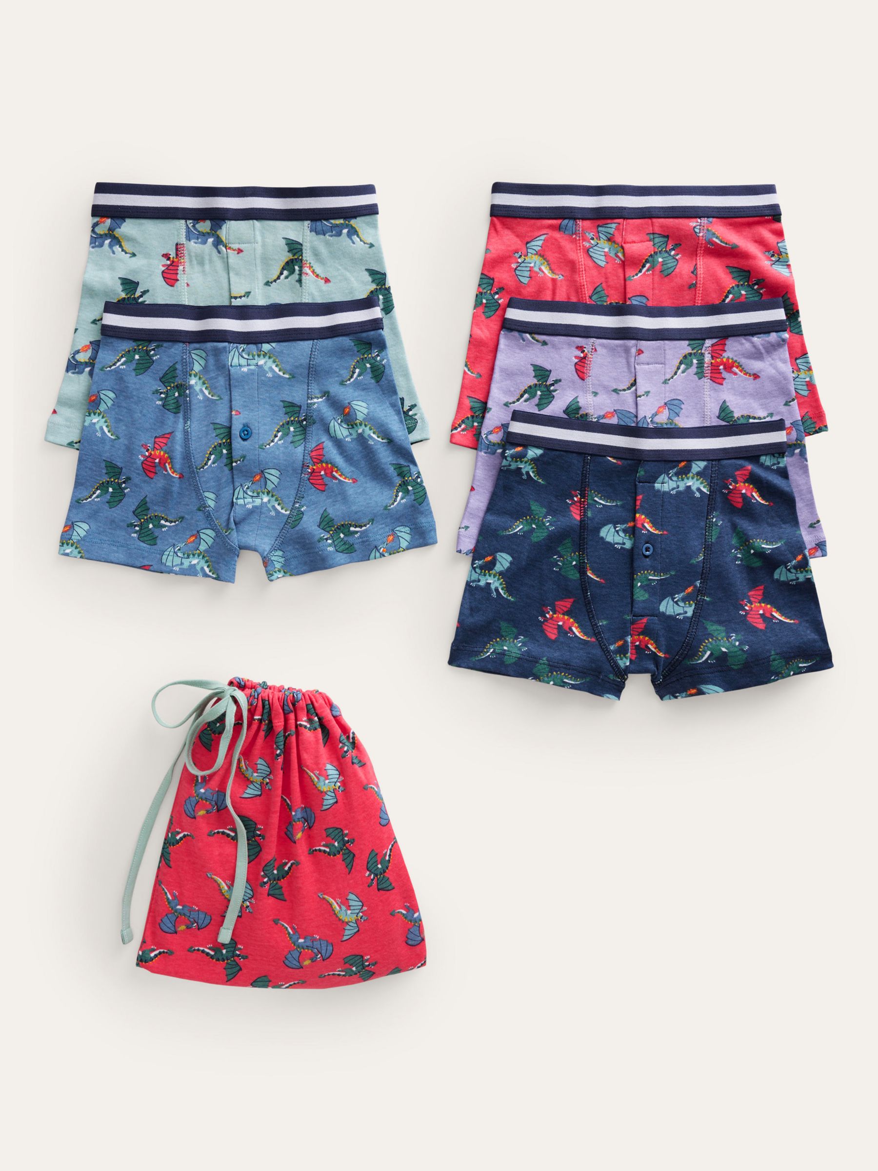 Mini Boden Kids' Dragons Print Boxers, Pack Of 5, Multi, 2-3 years