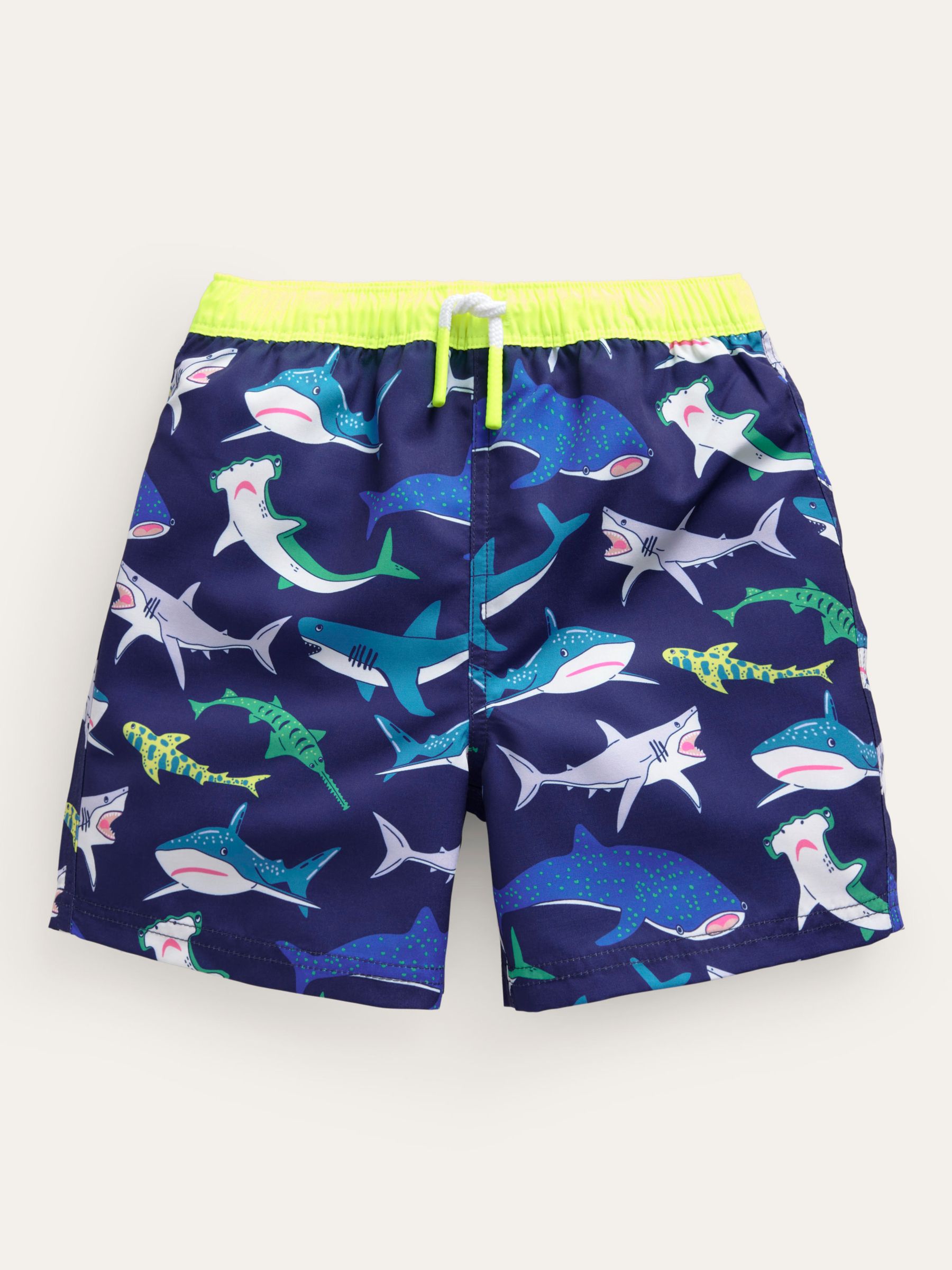Mini Boden Kids' Printed Swim Shorts, Multi Sharks, 3-4 years