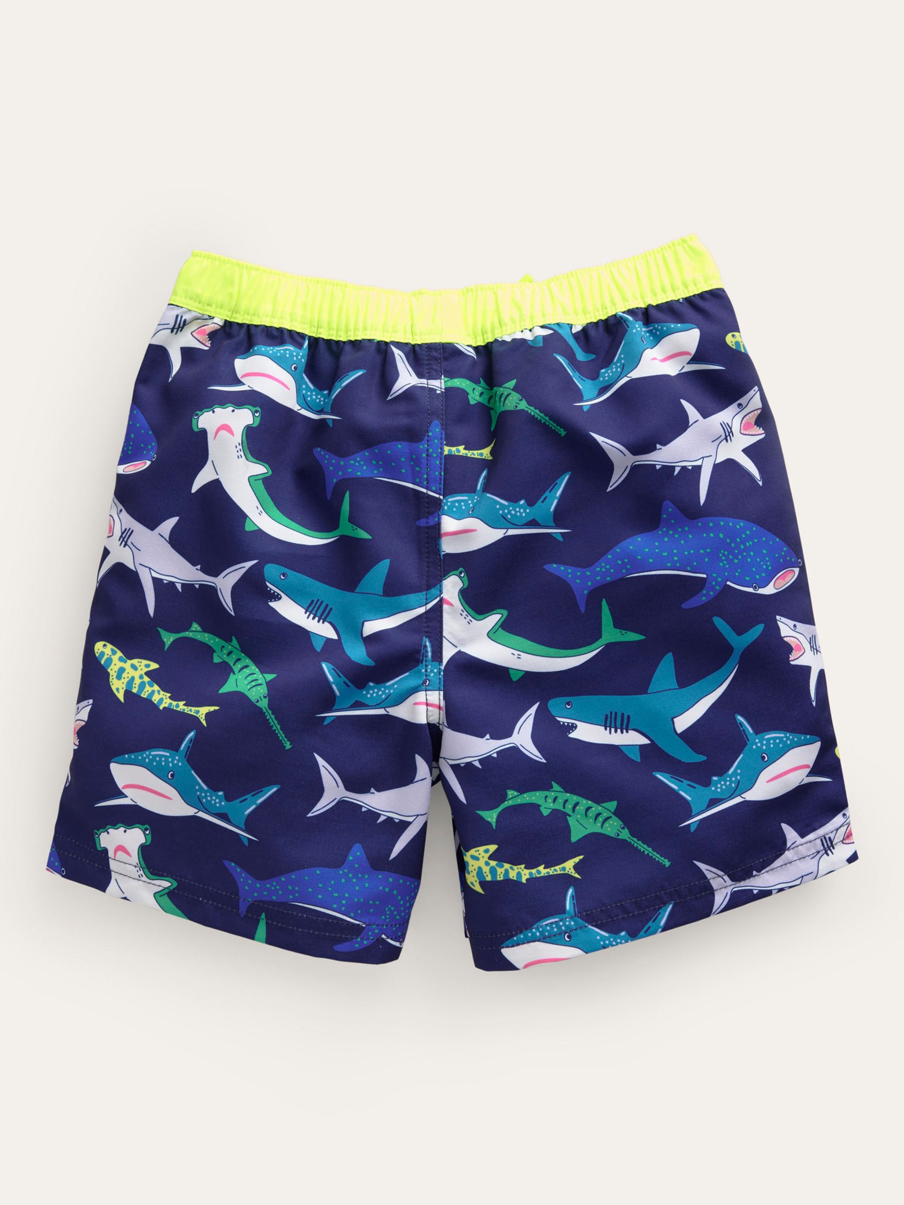 Mini Boden Kids' Printed Swim Shorts, Multi Sharks, 3-4 years