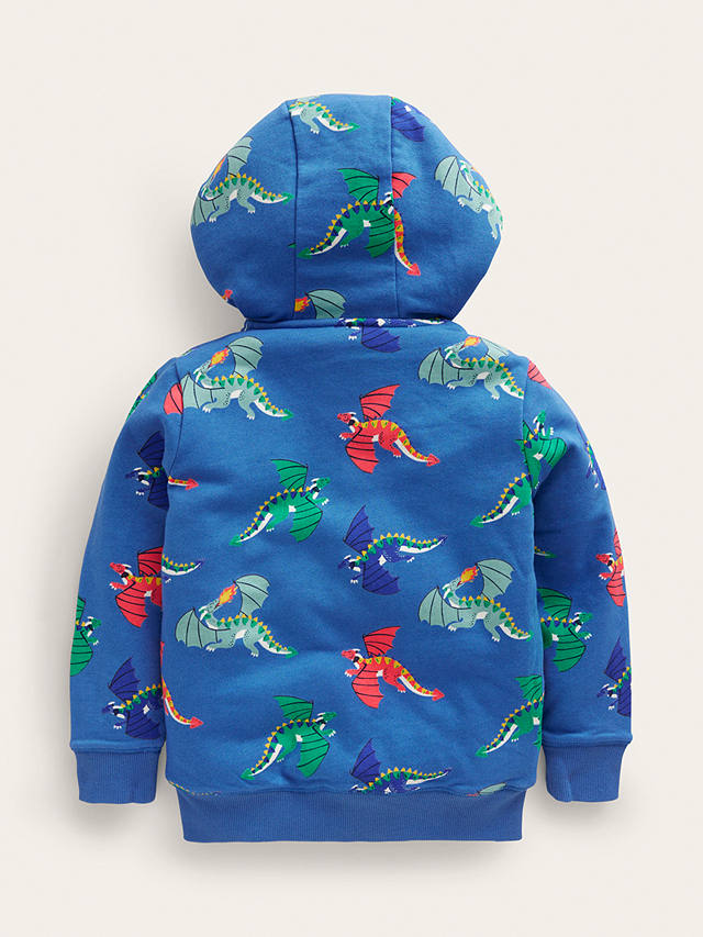 Mini Boden Kids' Shaggy Lined Dragon Print Hoodie, Bluejay