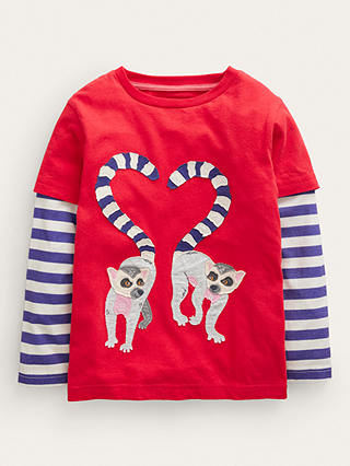 Mini Boden Kids' Lemur Applique Stripe T-Shirt, Poppy Red