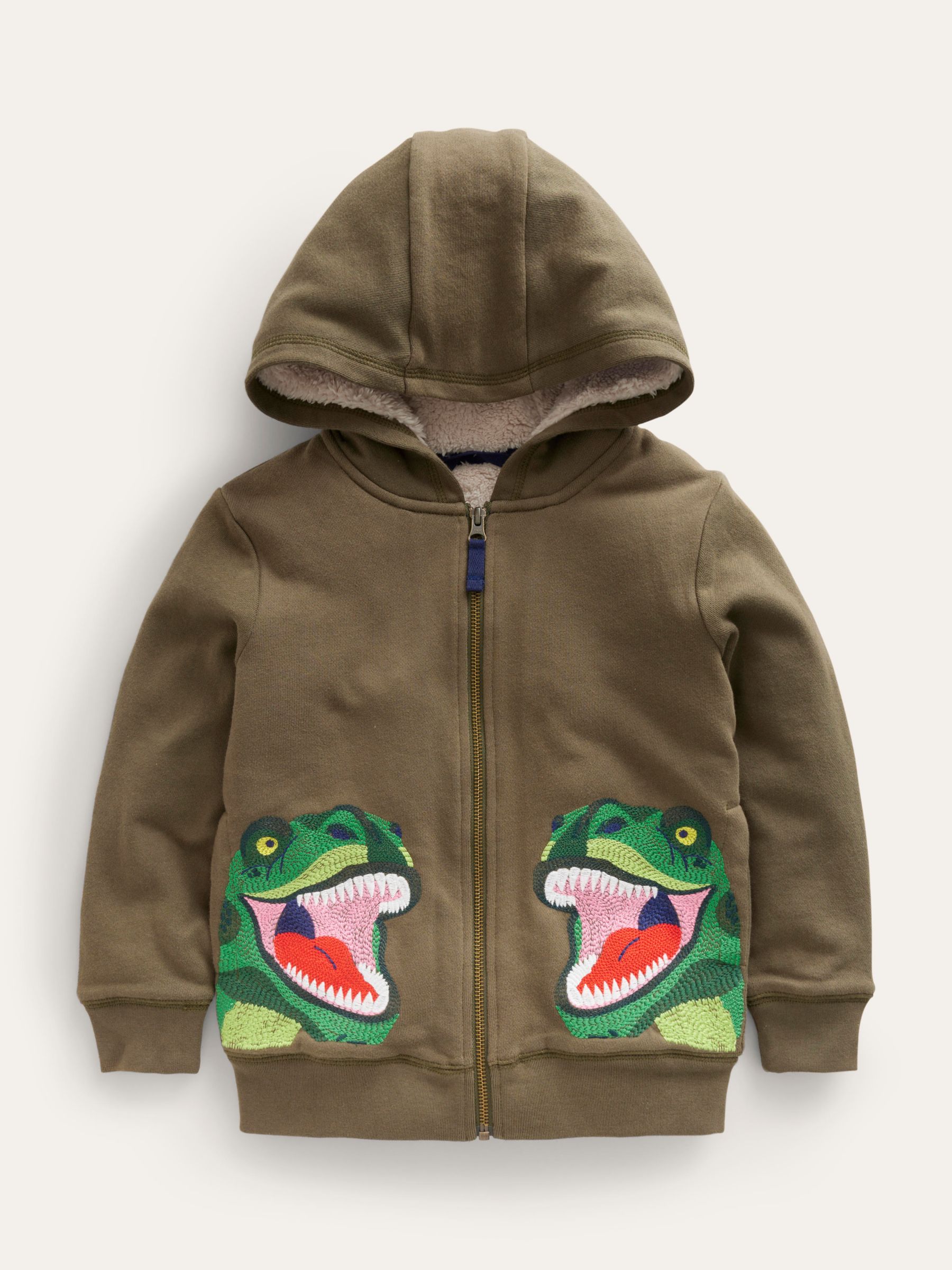 Mini Boden Kids' Shaggy Lined Applique Dinosaur Hoodie, Khaki/Multi, 11-12 years