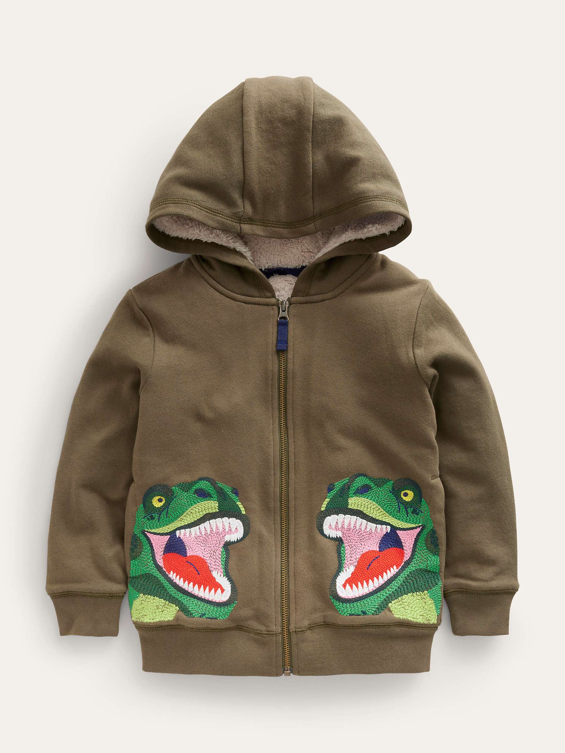 Buy Mini Boden Kids' Shaggy Lined Applique Dinosaur Hoodie, Khaki/Multi Online at johnlewis.com