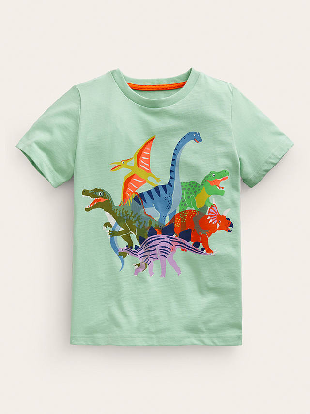 Mini Boden Kids' Riso Dinosaur Printed T-Shirt, Pistachio/Multi