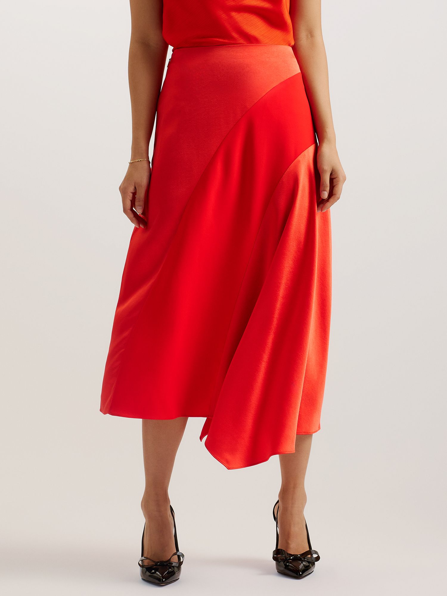 Ted Baker Bolsena Asymmetric Hem Satin Midi Skirt, Red, 6