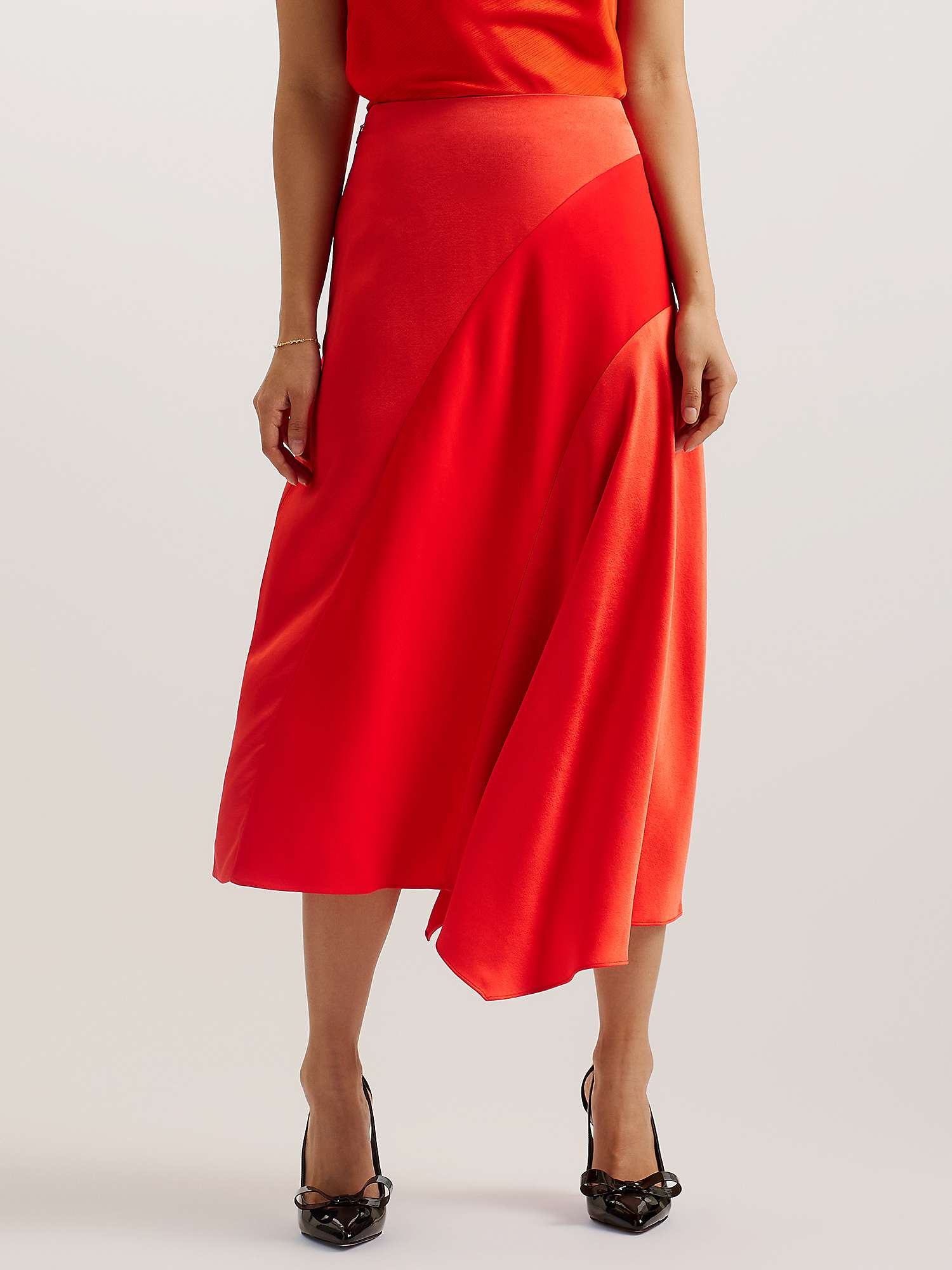 Buy Ted Baker Bolsena Asymmetric Hem Satin Midi Skirt, Red Online at johnlewis.com