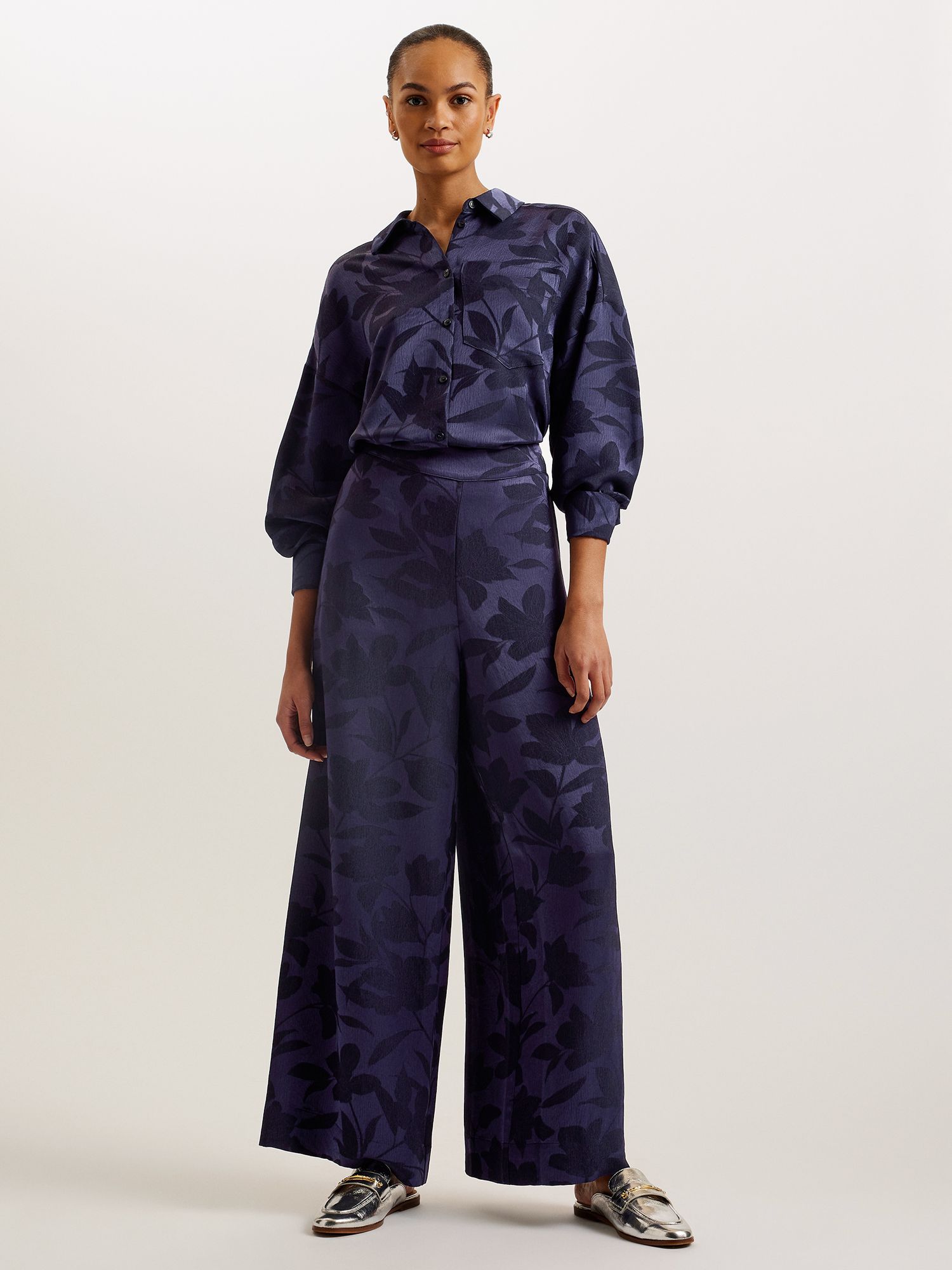 Ted Baker Maurah Jacquard Floral Wide Leg Trousers, Navy, 10