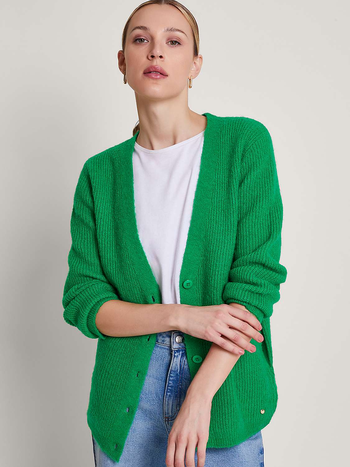 Buy Monsoon Sula Supersoft Rib Knit Cardigan, Green Online at johnlewis.com