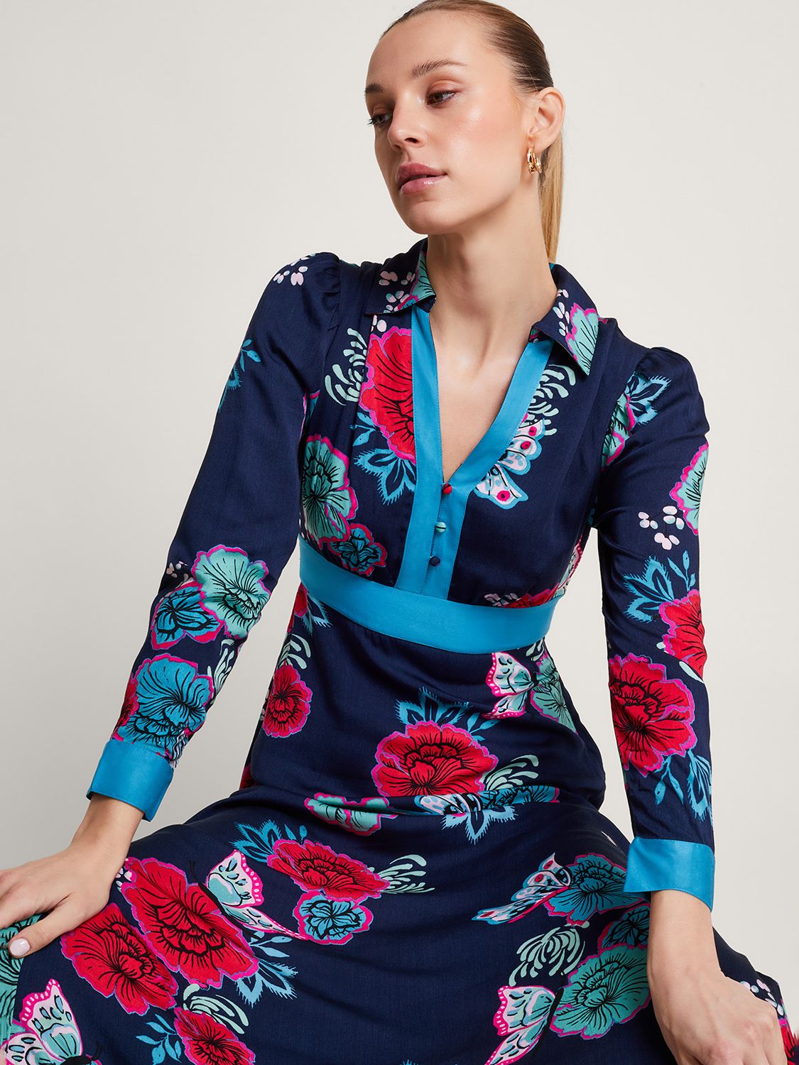 Monsoon Esme Floral Shirt Dress, Navy/Multi, 8