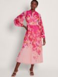 Monsoon Floryn Floral Print Pleated Midi Dress, Pink/Multi
