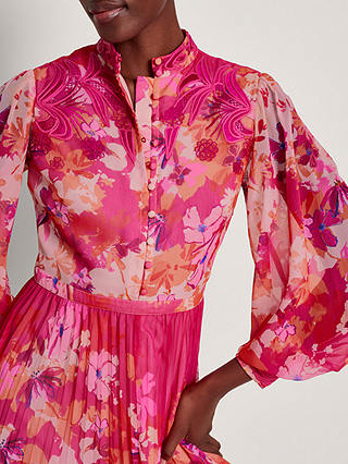 Monsoon Floryn Floral Print Pleated Midi Dress, Pink/Multi