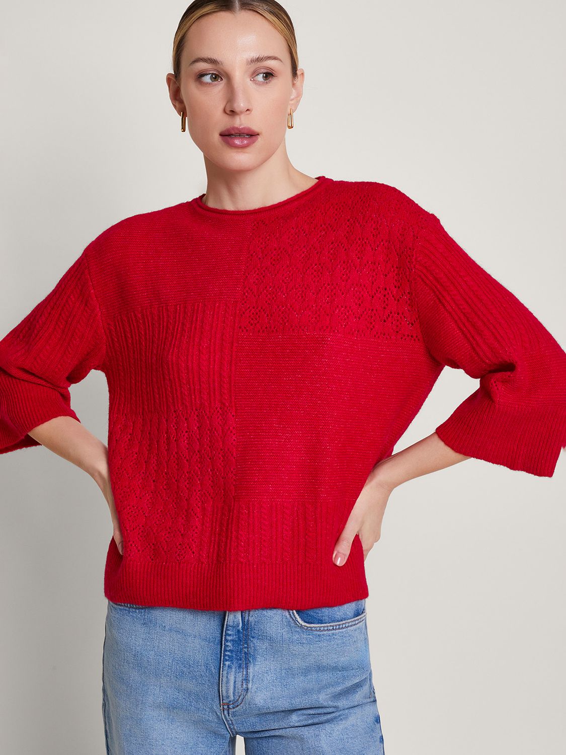 Monsoon San Supersoft Mixed Texture Jumper, Red, S