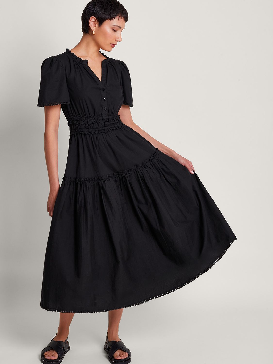Monsoon Lorena Cotton Ruffle Detail Midi Dress, Black at John Lewis ...