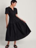 Monsoon Lorena Cotton Ruffle Detail Midi Dress, Black