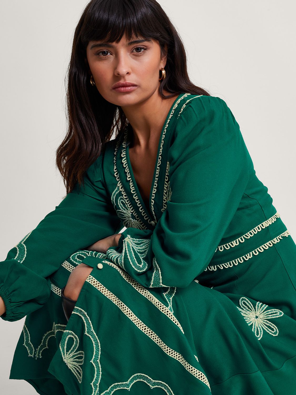Buy Monsoon Clio Embroidered Midi Dress, Green Online at johnlewis.com