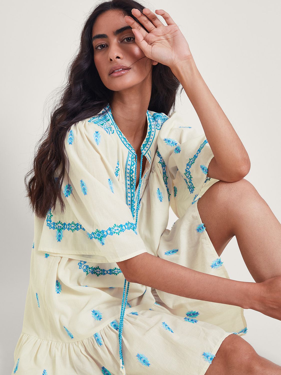Buy Monsoon Jacinta Embriodered Mini Dress, Ivory/Blue Online at johnlewis.com