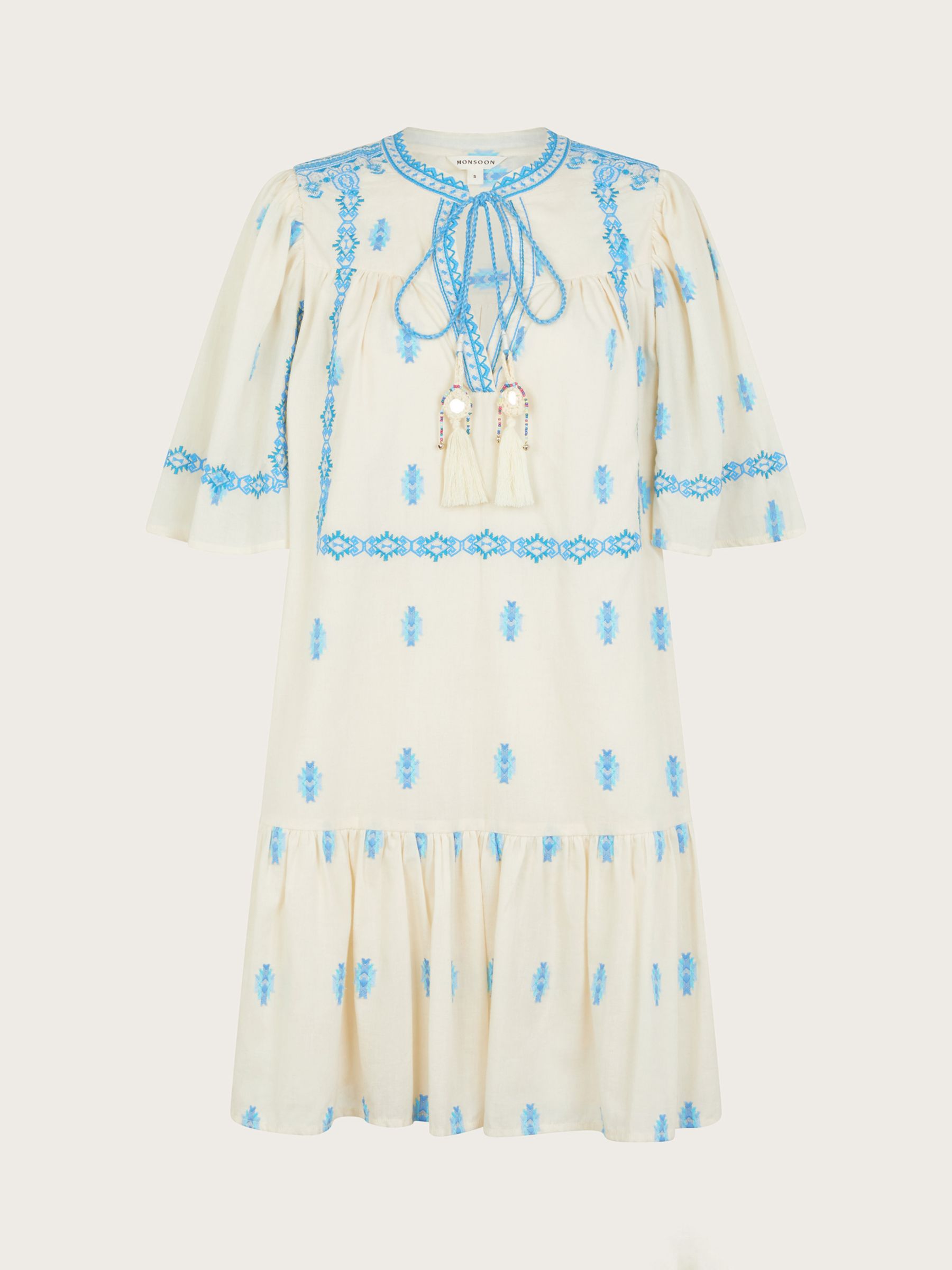 Monsoon Jacinta Embriodered Mini Dress, Ivory/Blue, S