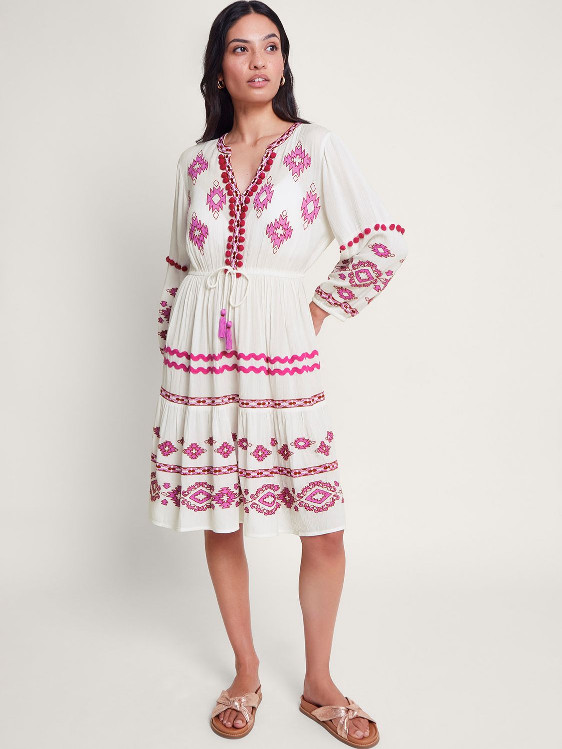 Monsoon Catia Embroidered Kaftan Dress, White/Multi, S
