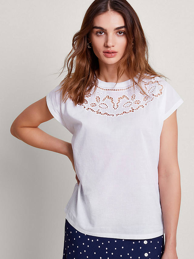 Monsoon Garcia Cutwork Cotton T-shirt, White