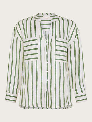 Monsoon Santana Striped Linen Shirt, Green/Ivory