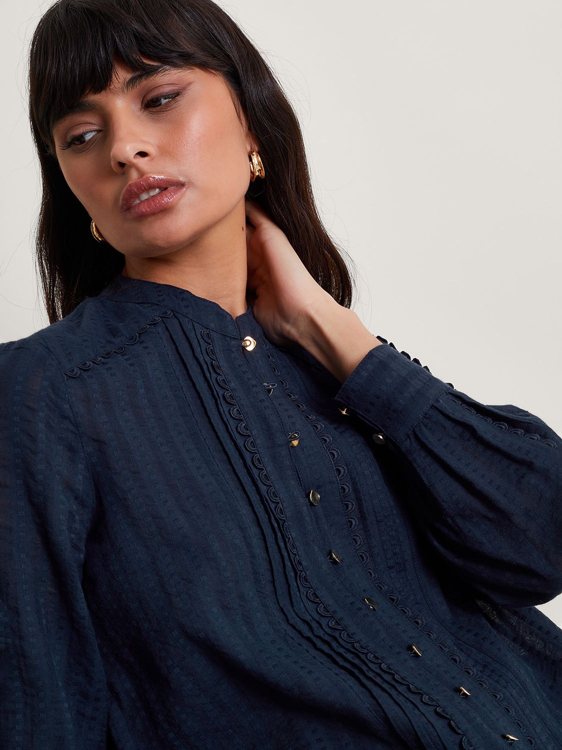 Buy Monsoon Evelyn Cotton Scallop Shirt, Navy Online at johnlewis.com