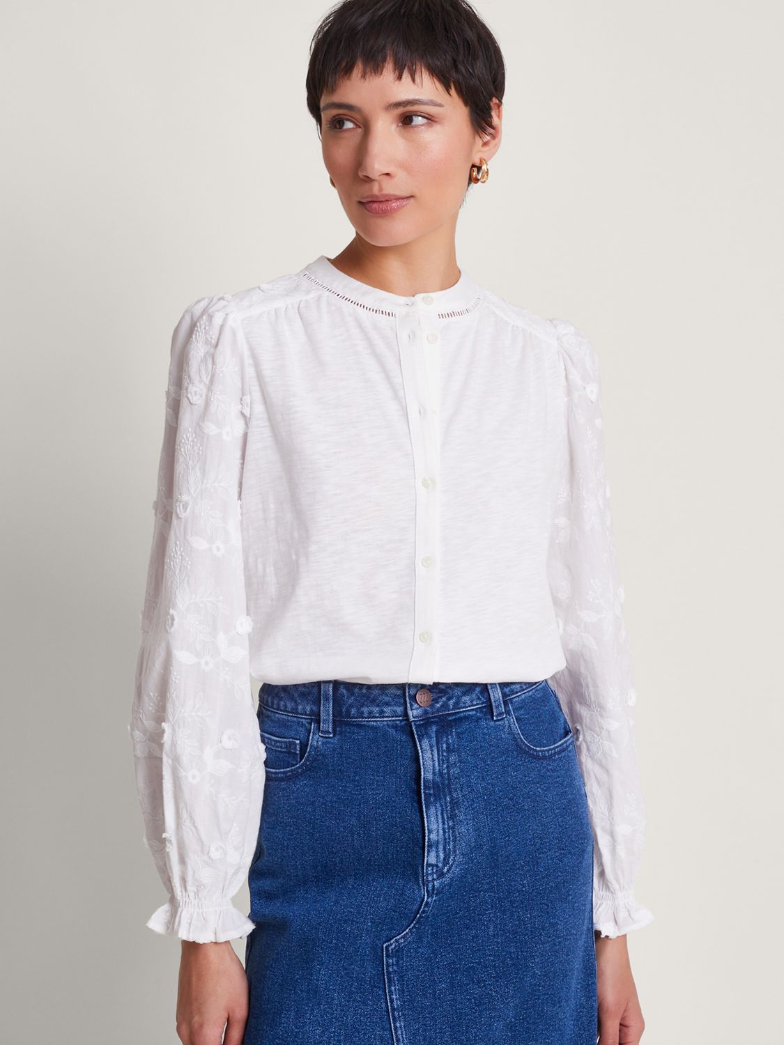 Monsoon Indi Cotton Long Sleeve Shirt, Ivory at John Lewis & Partners