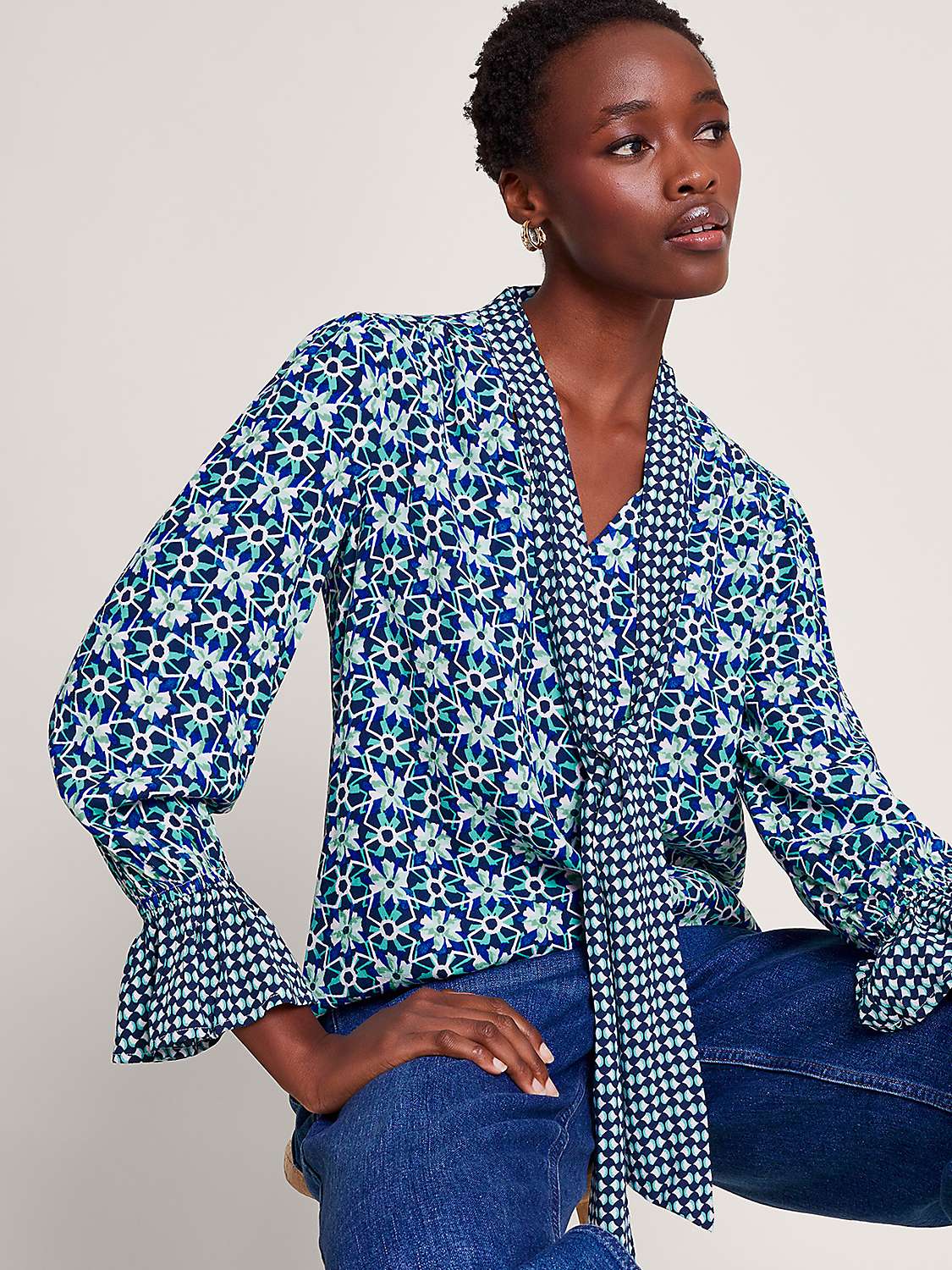 Buy Monsoon Clover Graphic Floral Print Pussybow Blouse, Navy/Multi Online at johnlewis.com