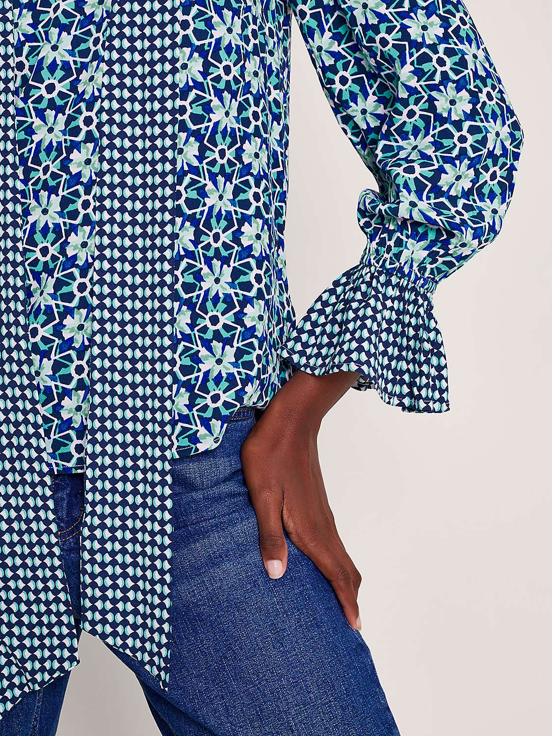 Buy Monsoon Clover Graphic Floral Print Pussybow Blouse, Navy/Multi Online at johnlewis.com