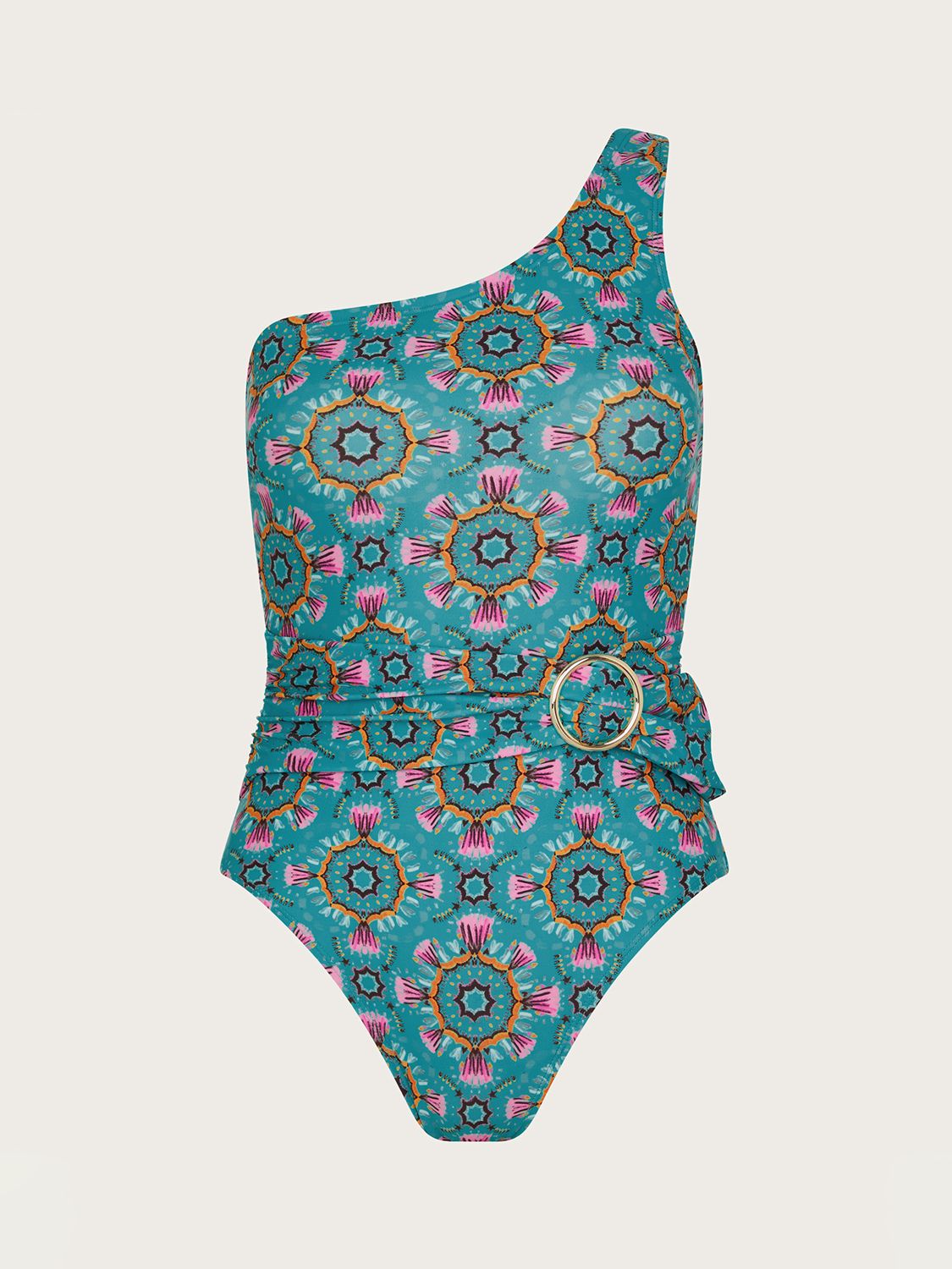 Monsoon Carla Belted One Shoulder Swimsuit, Teal/Multi, 8