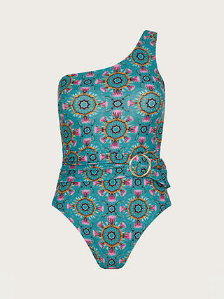 Monsoon Carla Belted One Shoulder Swimsuit, Teal/Multi