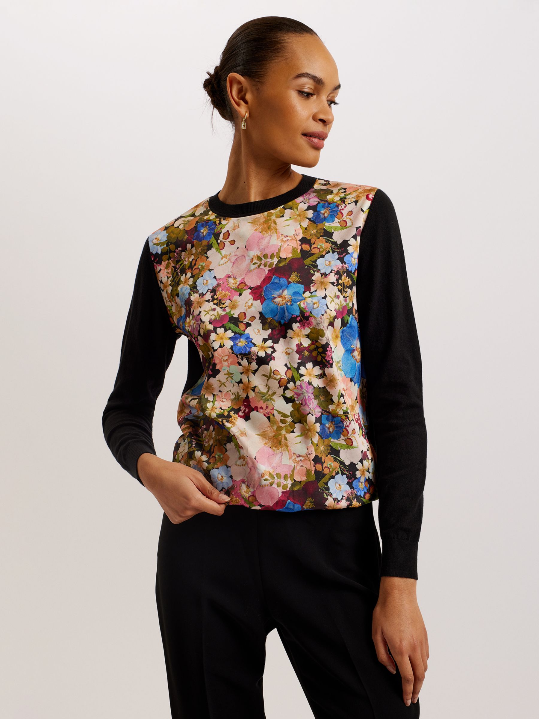 Ted Baker Delbi Floral Print Satin Front Jumper, Black/Multi, 6